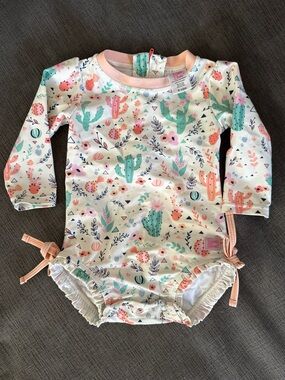 Ruffle Butts Pink & Mint Cactus Print Long Sleeve One-Piece Swimsuit